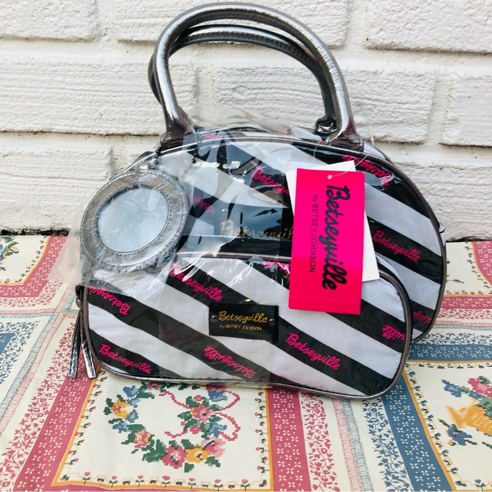 Betsey Johnson Black and White Striped Cosmetic Bag with Pink Accents